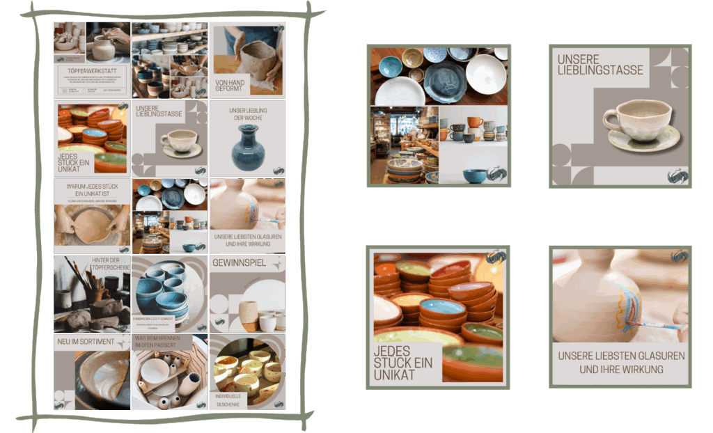 Instagram-Feed-Gestaltung für eine Töpferei – handgemachtes Design trifft Strategie. Content Design mit Stil aus dem KreativWerk by Andrea Mützel
