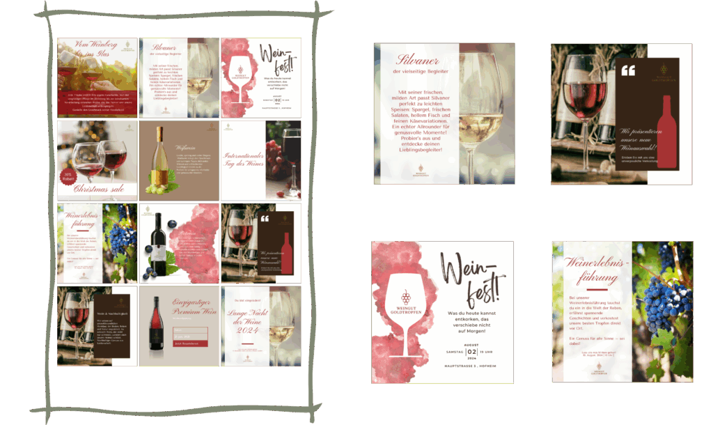 Instagram-Feed-Gestaltung für ein Weingut – Design mit Genuss, Tradition und regionaler Identität. Content Design mit Stil aus dem KreativWerk by Andrea Mützel
